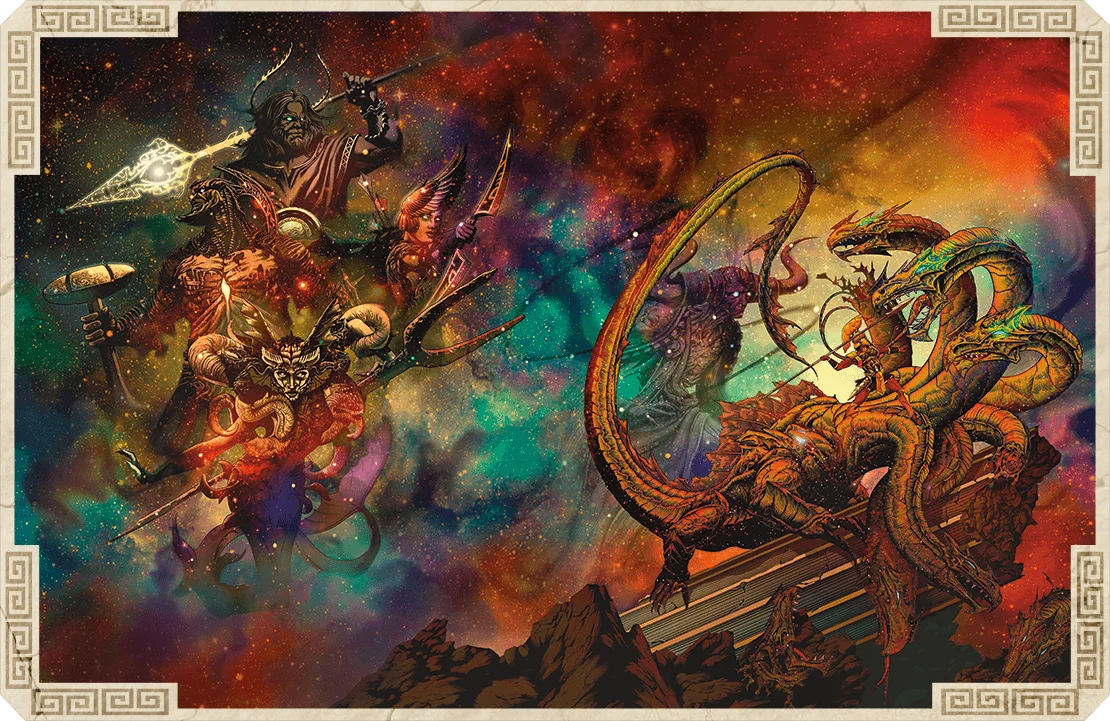 On the Alt-Cover: While the gods look on, the immortal struggle between Haktos and the hydra plays out in the stars of Nyx, a glimpse of eternity captured by Kevin Tong.