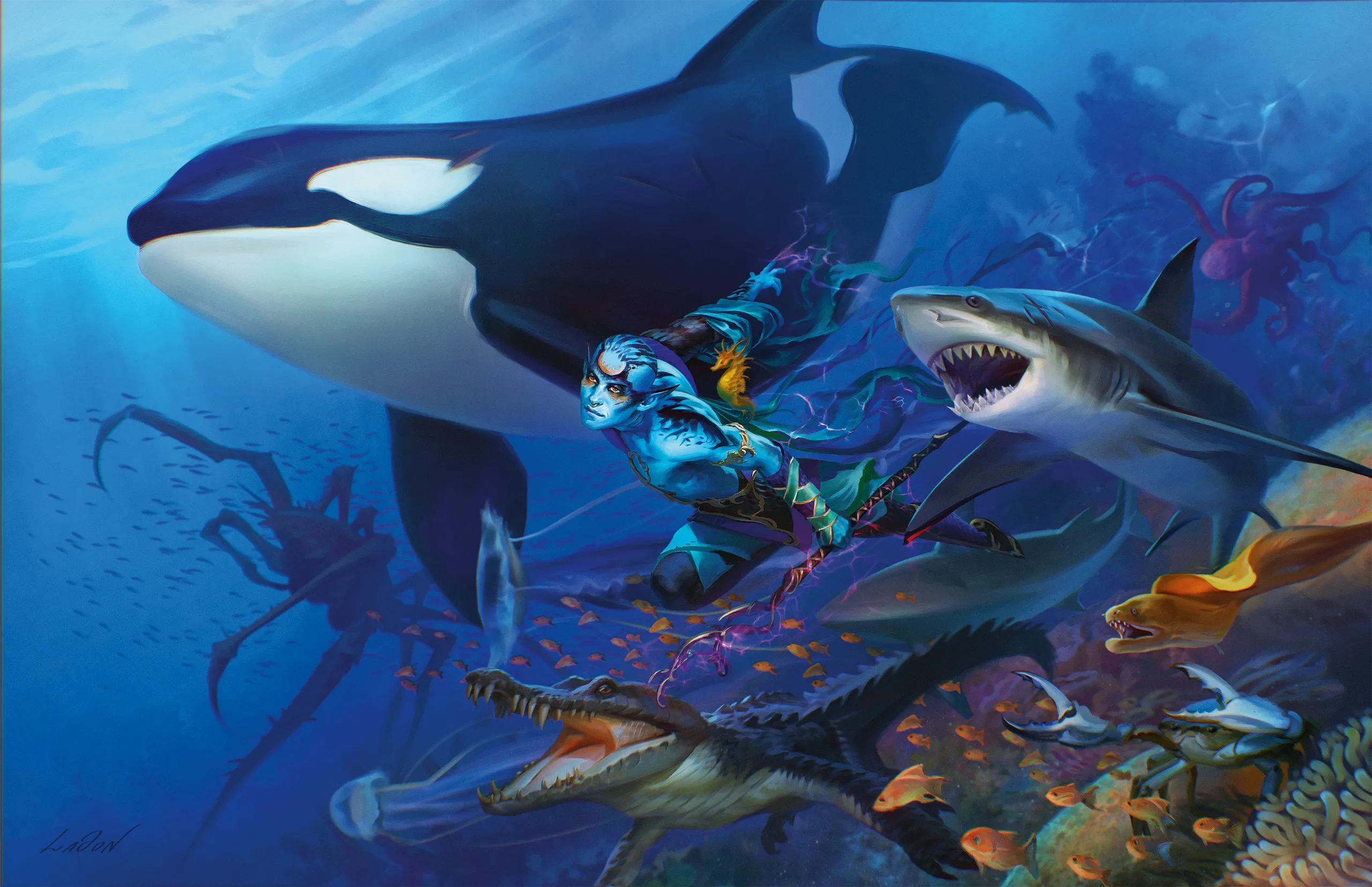 Aquatic animals swim along...