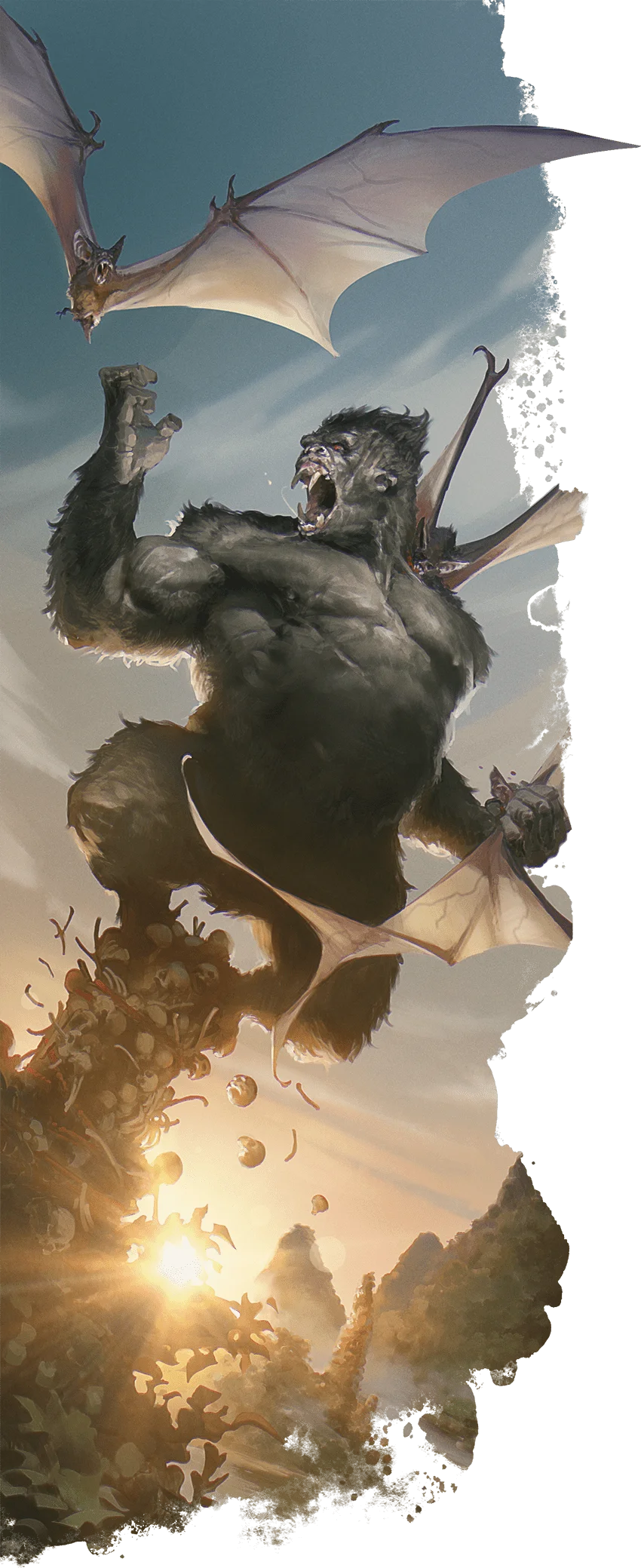 A giant ape defends its territory from giant bats