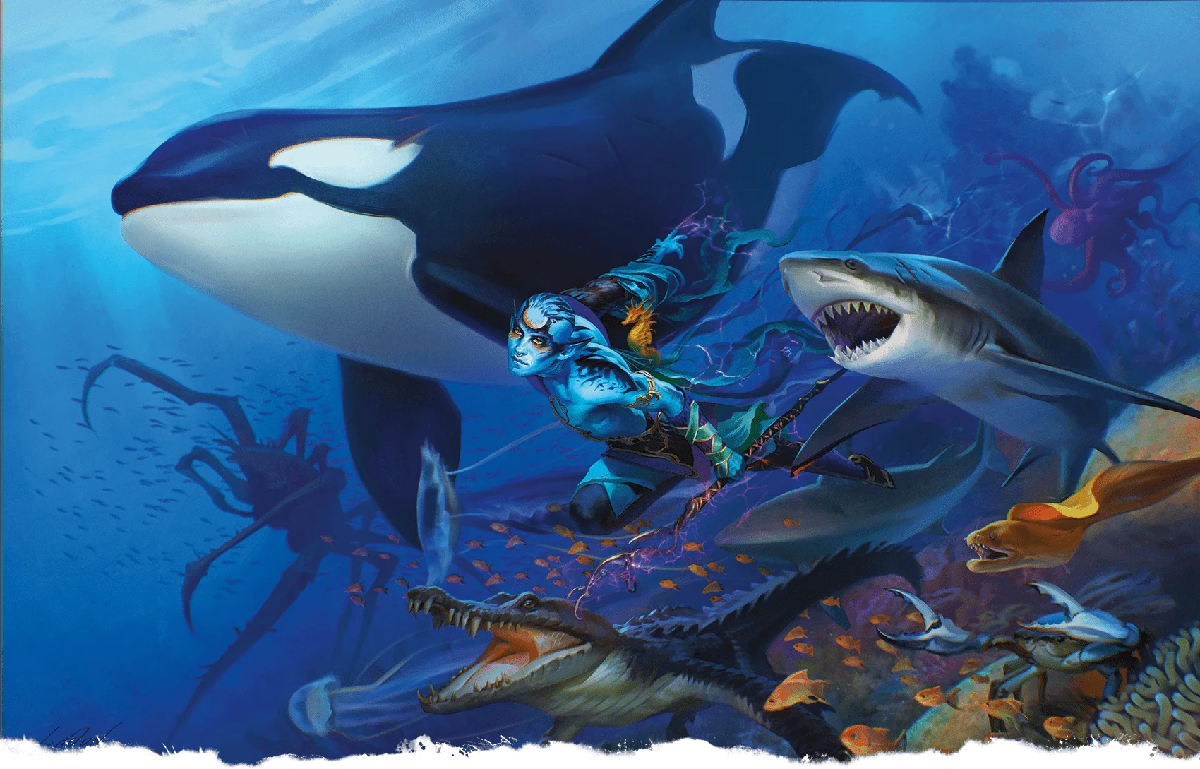 Aquatic animals swim along...